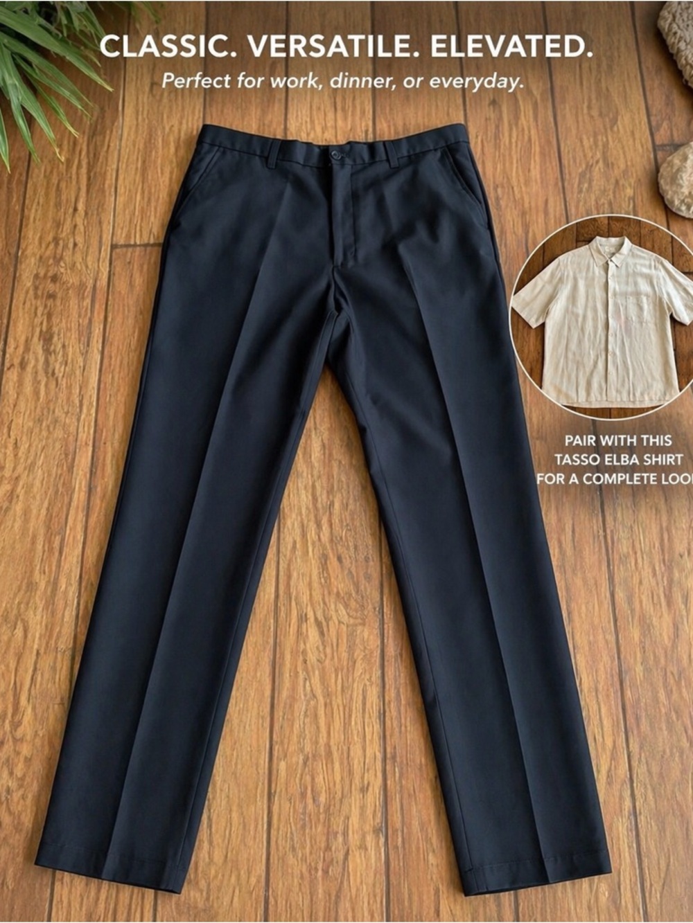 Men’s Black Slim Dress Pants Modern Fit Flat Front Work Classic Tailored Trouser